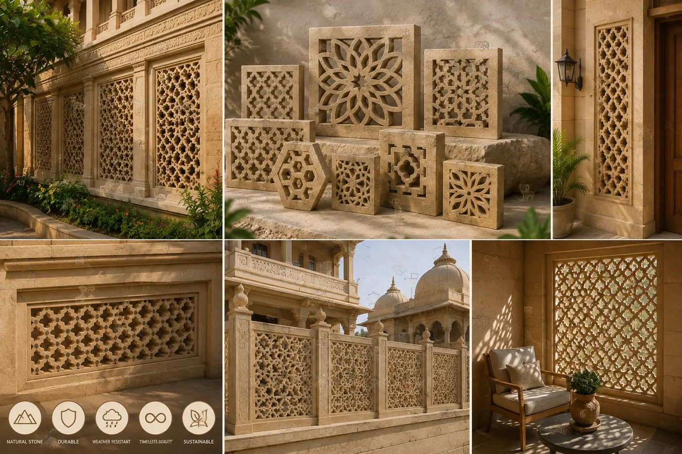 Architectural sandstone jali and carved stone installation by K R STONES